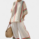 Mediterranski Laika set od bambusove platnene tkanine s elegantnim crvenim i zelenim prugama