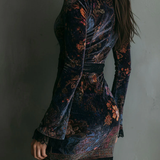 Grazia - Mini Slim-fit Velur Haljina s Cvjetnim Uzorkom i Čipkom